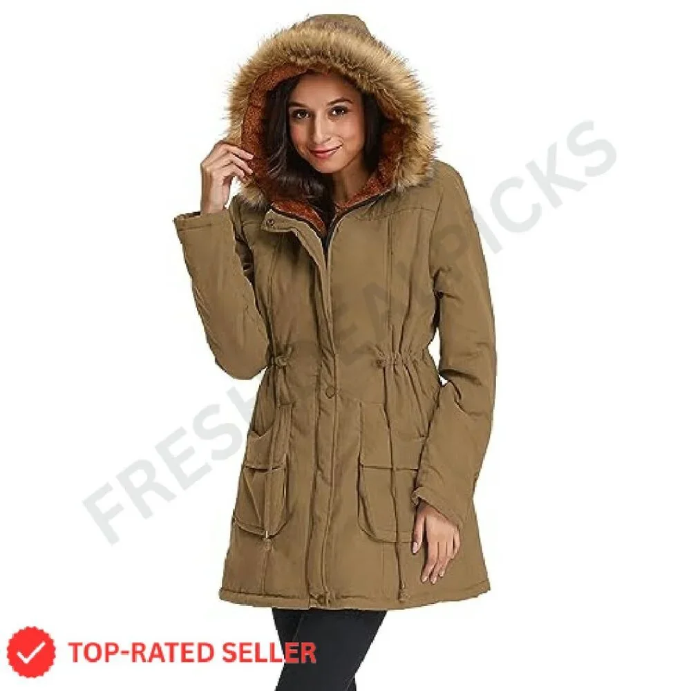 Women's Fleece Lined Parka Jacket Hooded Military Style Winter Coat Warm